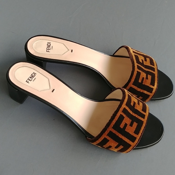 Fendi Shoes - FENDI Zucca Velvet slides Mules heels 40